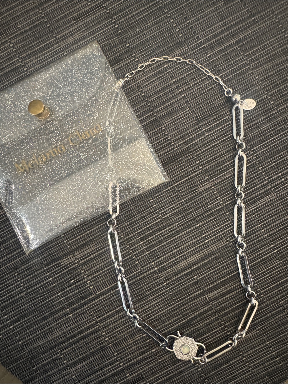Melania Clara Silver Paperclip Necklace with Sparkling Flower Pendant w Extender